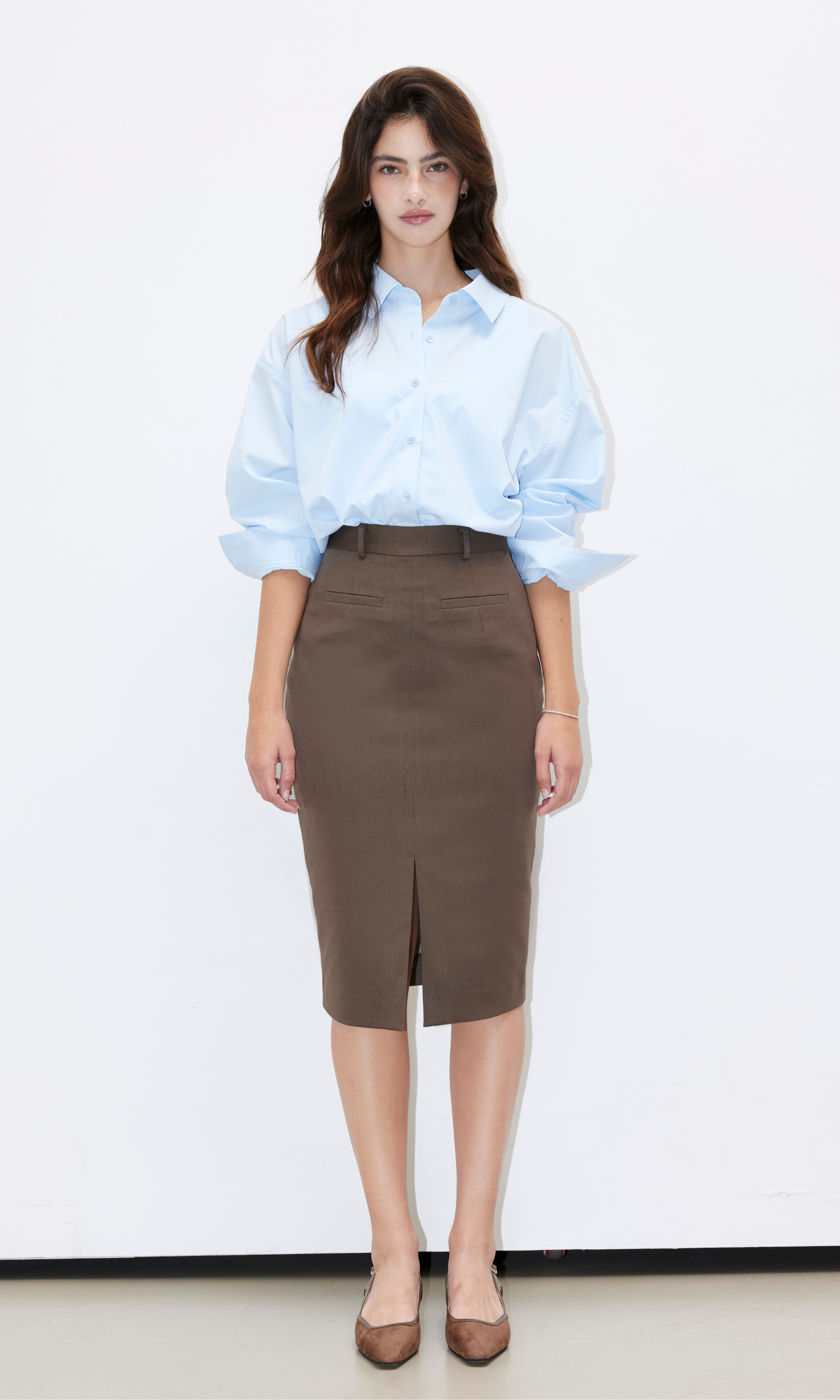 Mina Pencil Slit Skirt (Khaki Brown)