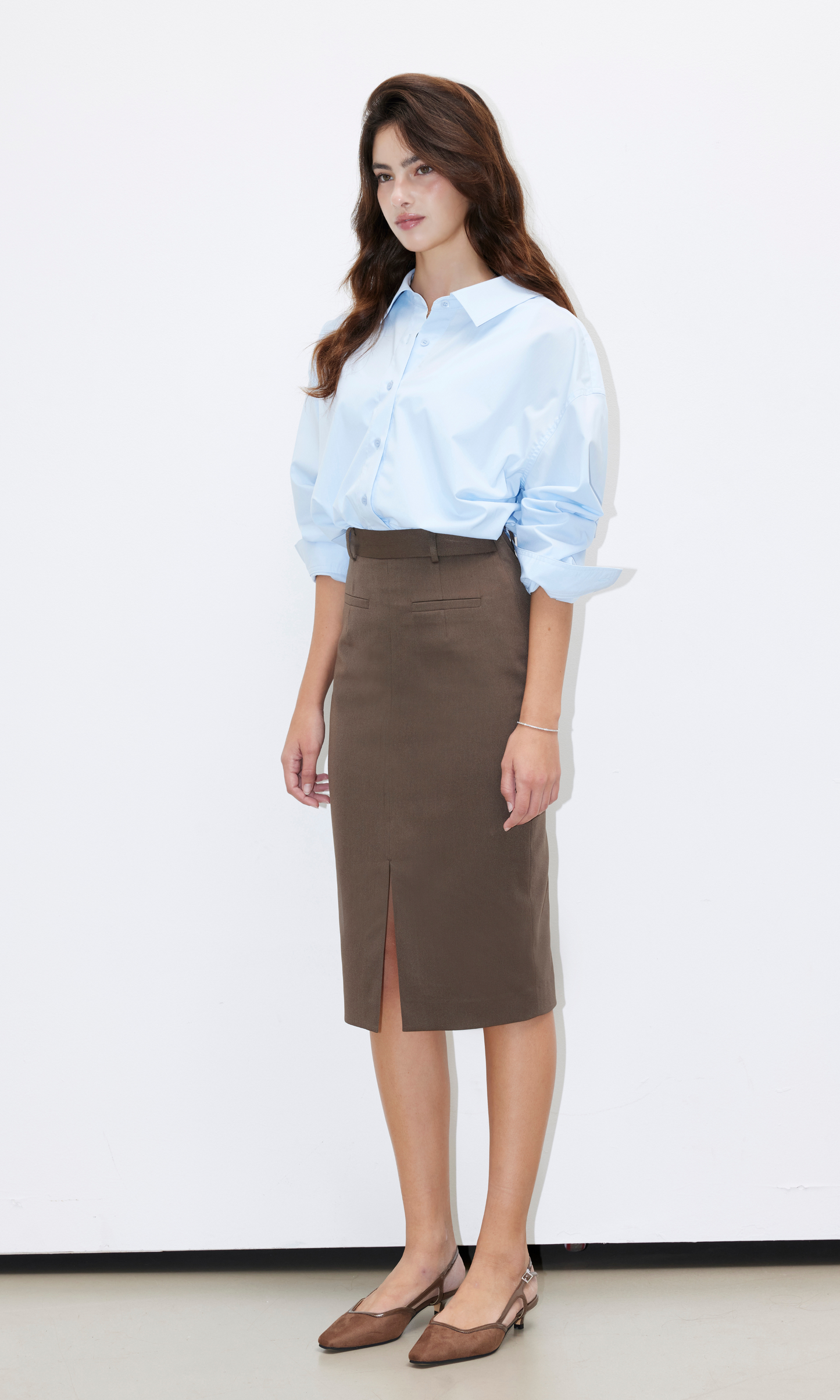 Mina Pencil Slit Skirt (Khaki Brown)