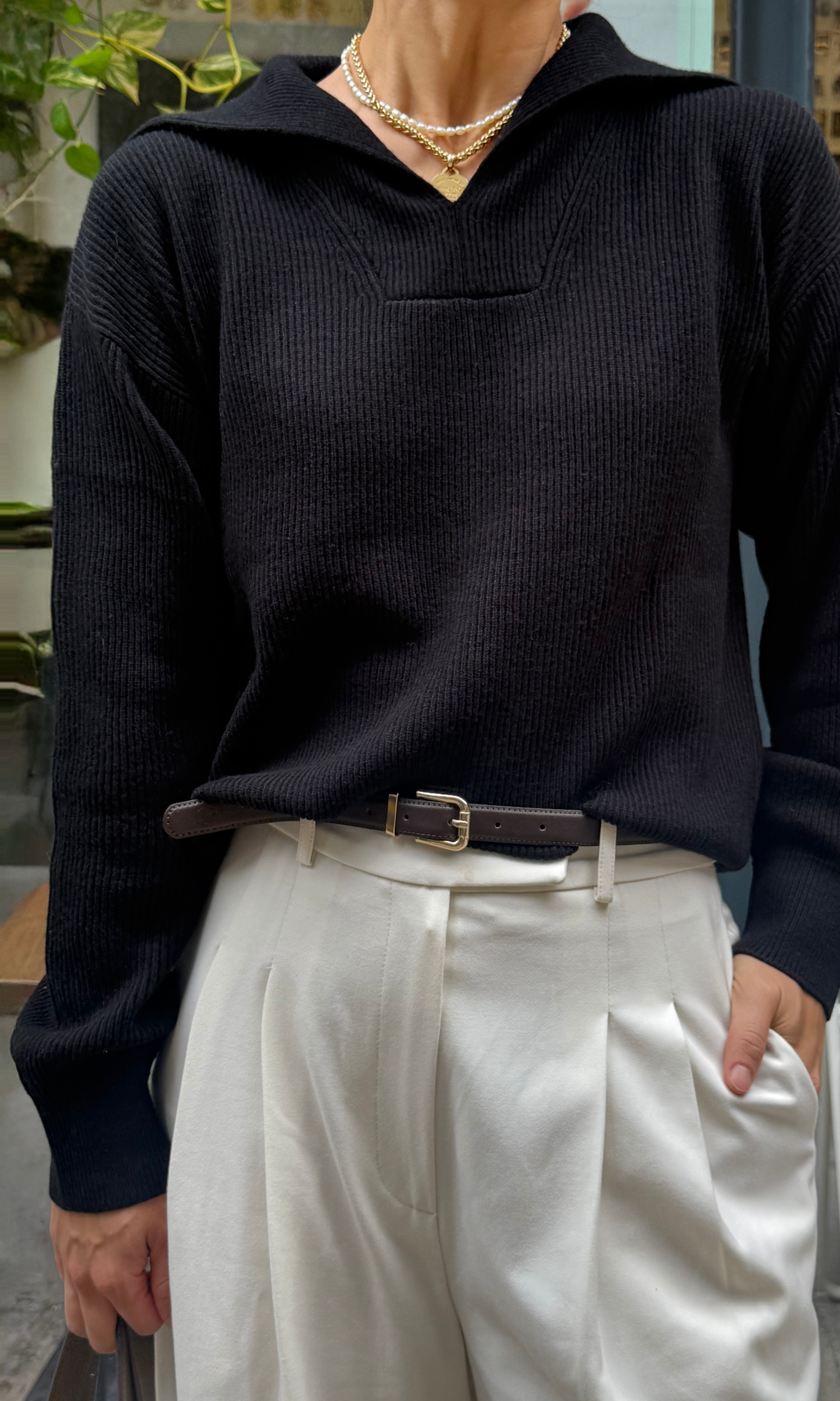 Black Cashmere Polo Pullover Knit