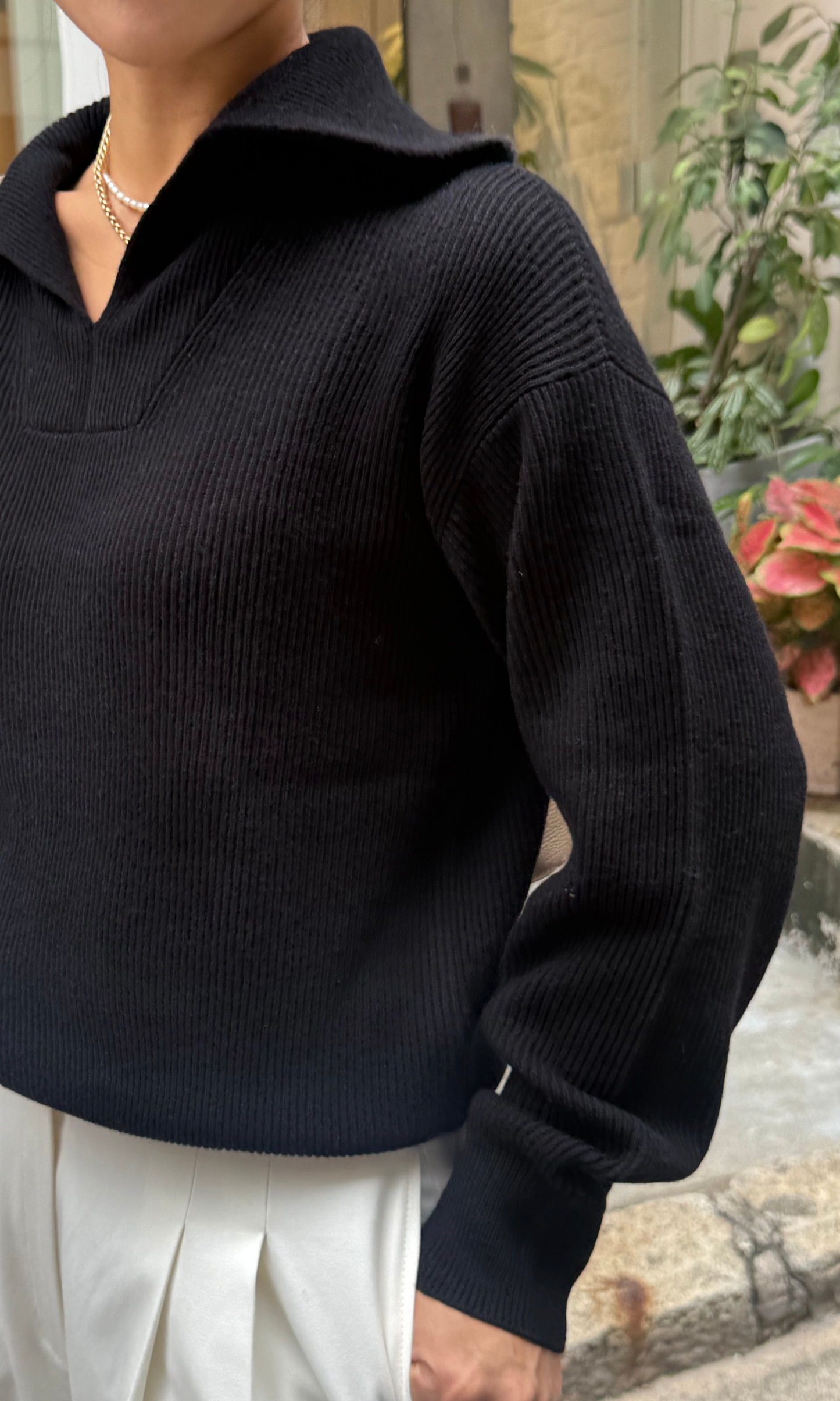 Black Cashmere Polo Pullover Knit