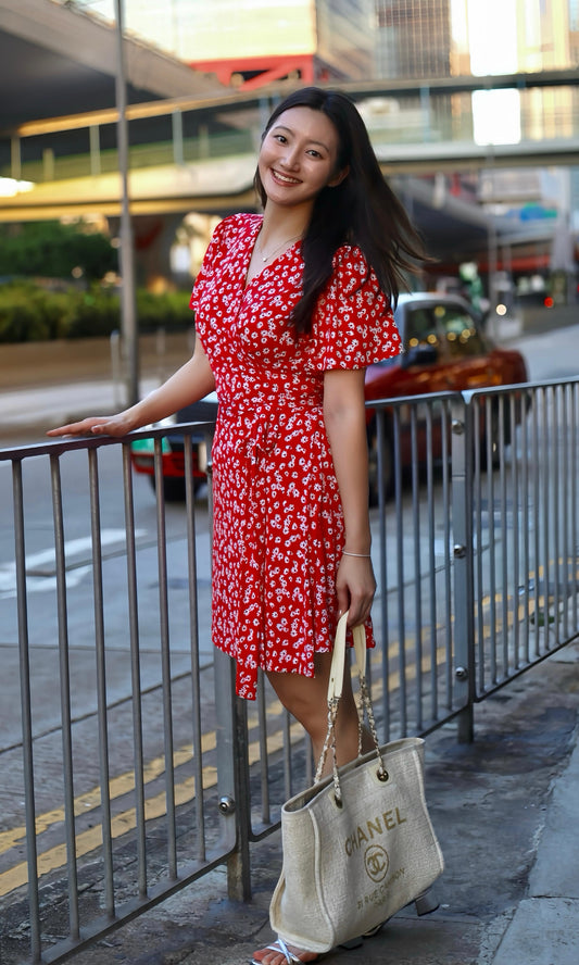 Coral Red Daisy Wrap Dress (Made to Order)