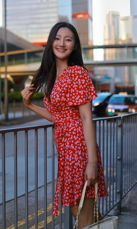 Coral Red Daisy Wrap Dress (Made to Order)