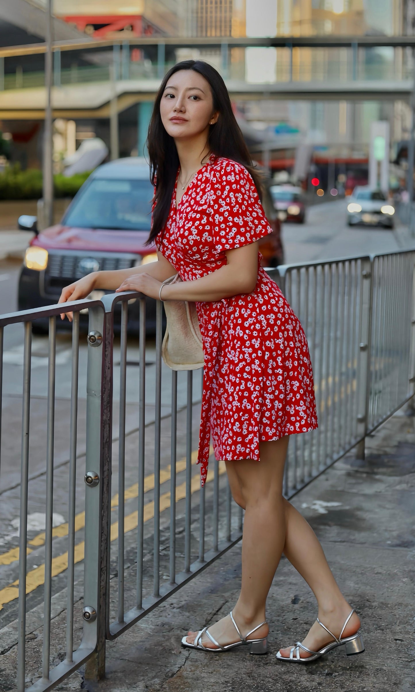 Coral Red Daisy Wrap Dress (Made to Order)