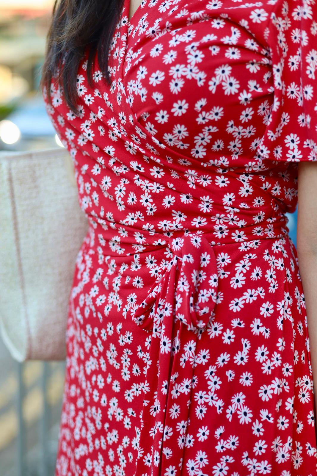 Coral Red Daisy Wrap Dress (Made to Order)