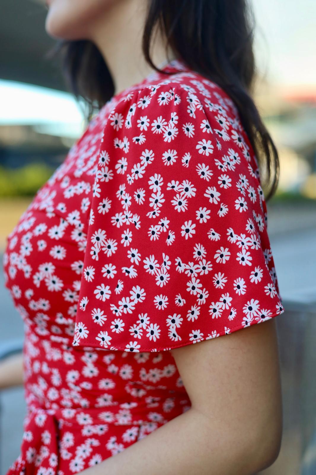 Coral Red Daisy Wrap Dress (Made to Order)